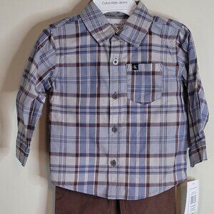 Calvin Klein Baby Boys 2-Piece Outfit – Plaid Button-Up Shirt & Brown Pants 18Mo
